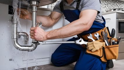 Plumber repairing pipes beneath a sink in Santa Clara